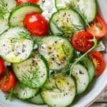 Overhead view of Cucumber Snack Bowl with herbs and black pepper