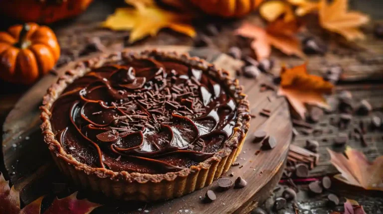 Dark Chocolate Pumpkin Tart topped with chocolate shards on a rustic wood platter