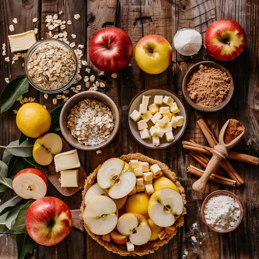 Dutch apple pie ingredients with apples, oats, brown sugar, and spices