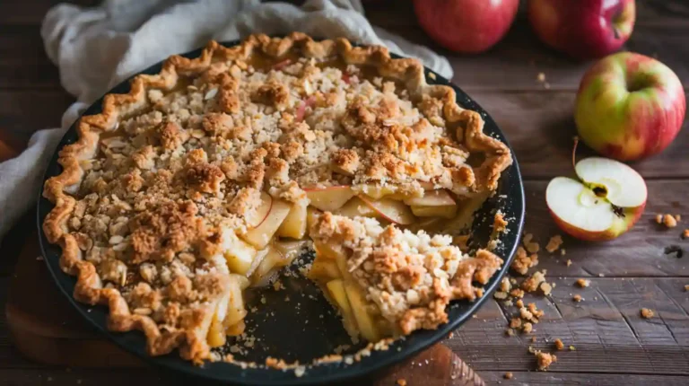 Dutch apple pie with cinnamon crumble in a glass pie dish