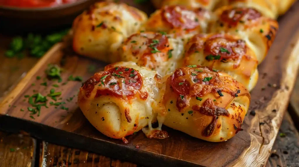 Easy New York Pizza Rolls with Mozzarella and Garlic Butter with melted cheese and marinara sauce