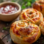 Close-up of golden brown easy New York pizza rolls with pepperoni and herbs