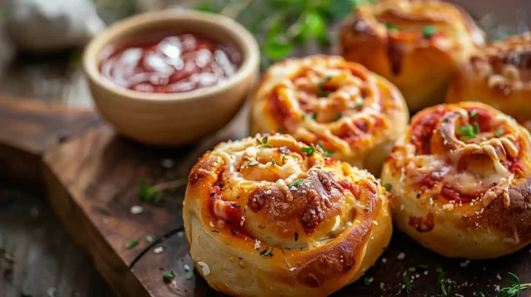 Close-up of golden brown easy New York pizza rolls with pepperoni and herbs