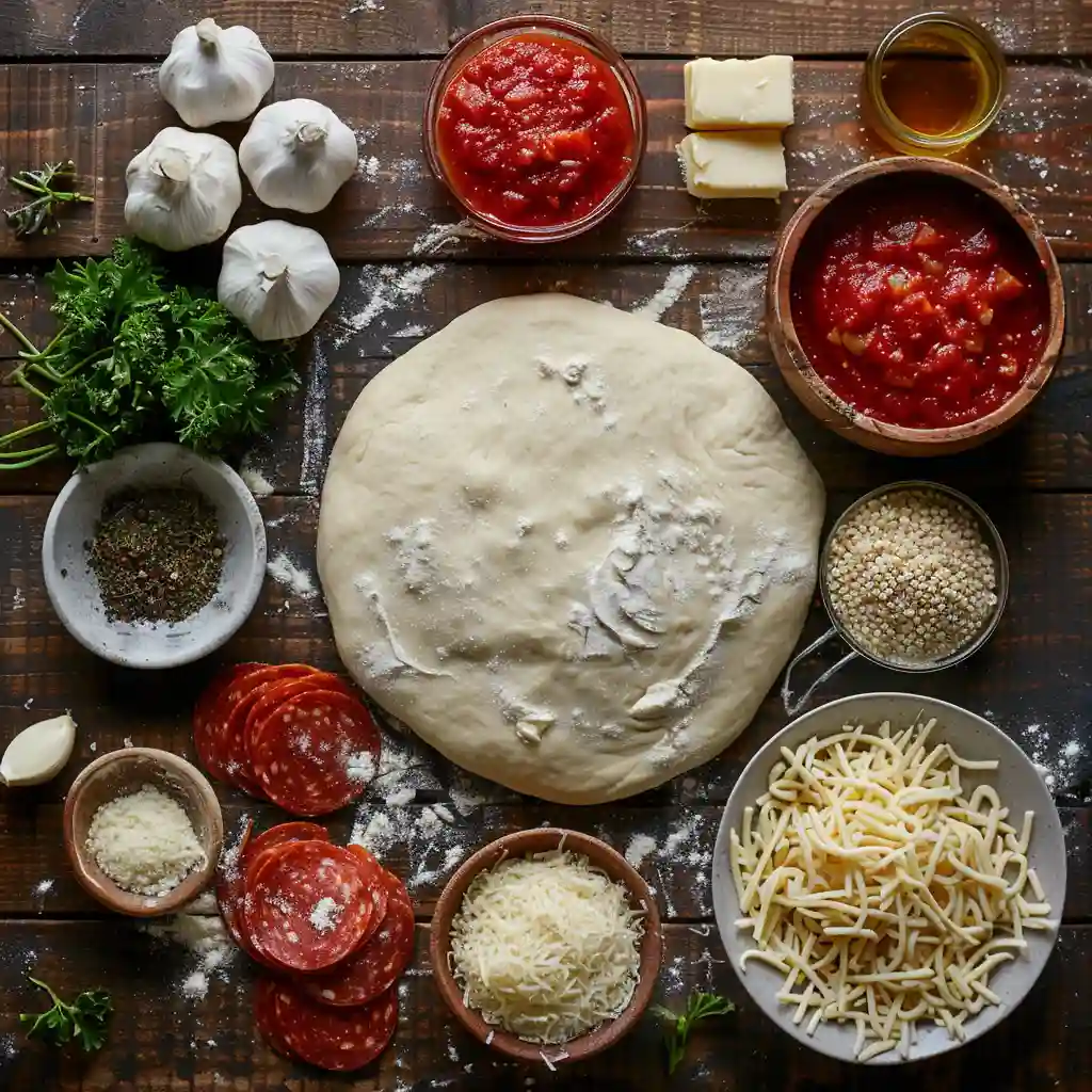 Ingredients for easy New York pizza rolls including dough, cheese, sauce, and pepperoni