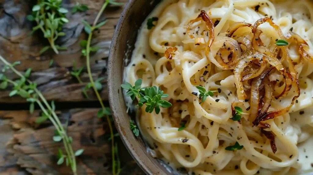 Easy one pot French onion pasta in a rustic bowl topped with thyme and caramelized onions