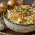 Creamy easy one pot French onion pasta with caramelized onions and fresh herbs