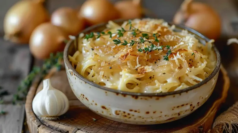 Creamy easy one pot French onion pasta with caramelized onions and fresh herbs