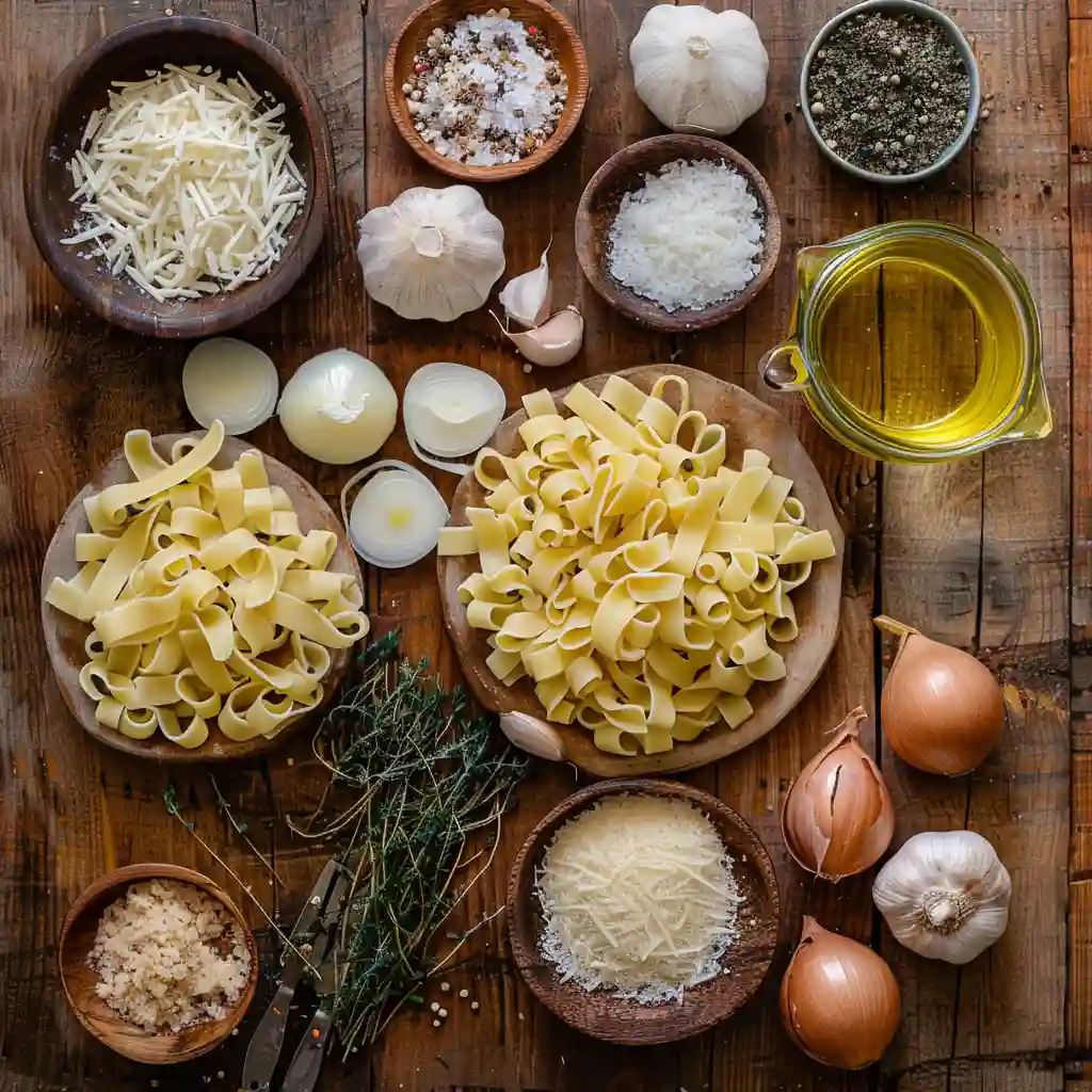 Ingredients for easy one pot French onion pasta including pasta, onions, cheese, garlic, and thyme