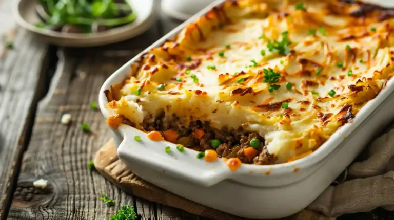 Top-down view of easy shepherd’s pie casserole with crispy cheese
