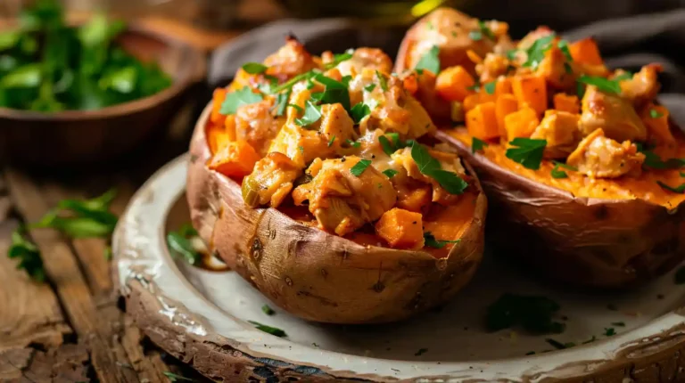 Easy chicken pot pie stuffed sweet potatoes topped with herbs