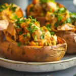 Chicken pot pie sweet potatoes with colorful vegetable filling