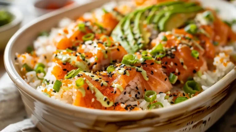 Easy Spicy Salmon Sushi Bake topped with avocado and sauces