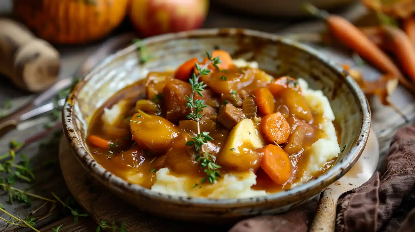 Fall Apple Cider Stew Mash served with root vegetables and mashed potatoes