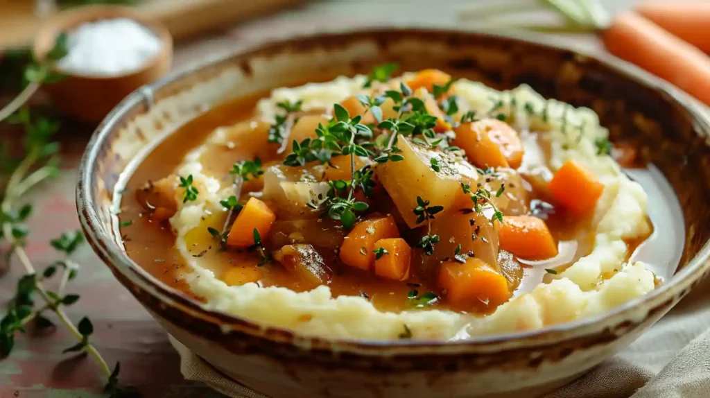 Rustic Fall Apple Cider Stew Mash garnished with herbs