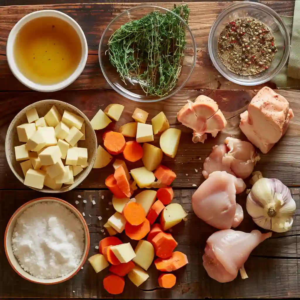 Ingredients for Fall Apple Cider Stew Mash laid out on a wooden table