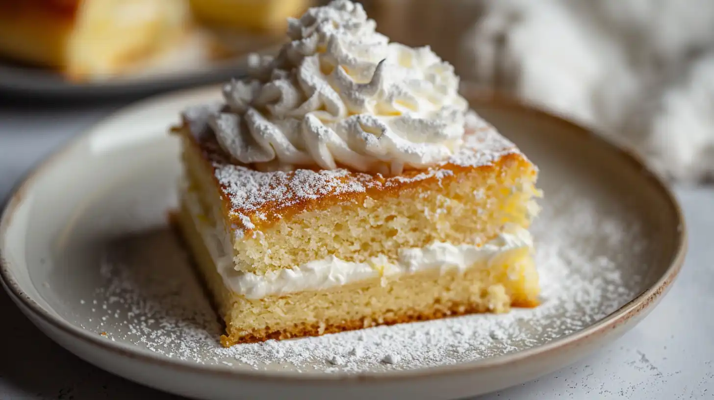 Slice of fluffy lemon cake with whipped cream and powdered sugar