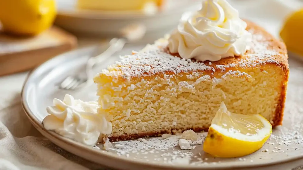 Fluffy Lemon Cake with Whipped Cream & Powdered Sugar and lemon slice