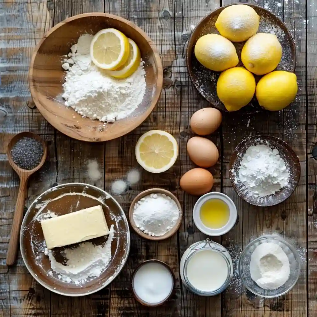 Ingredients for fluffy lemon cake including flour, sugar, and lemons