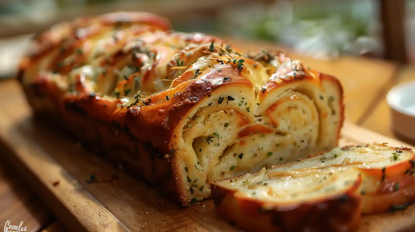 Garlic herb and cheese bread loaf sliced to reveal melty cheese and herbs