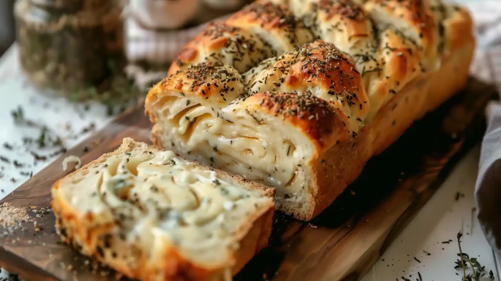 Close-up of garlic herb and cheese bread with golden crust and gooey layers