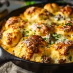 Garlic parmesan cheeseburger bombs with golden crust in a cast iron skillet