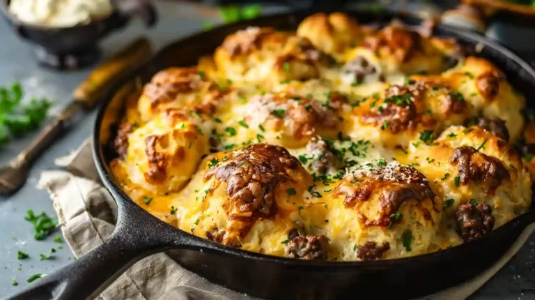 Garlic parmesan cheeseburger bombs with golden crust in a cast iron skillet