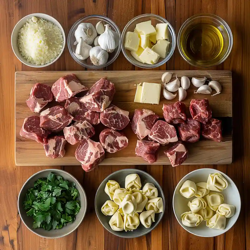 Garlic steak tortellini ingredients including sirloin, garlic, tortellini, and herbs