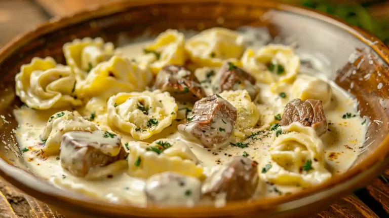 Creamy garlic steak tortellini plated with herbs and parmesan