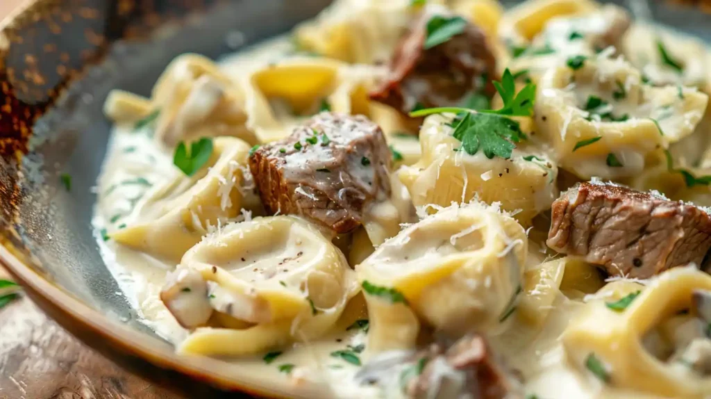 Close-up of garlic steak tortellini with tender beef cubes in creamy sauce