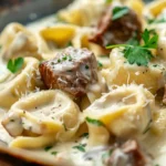 Close-up of garlic steak tortellini with tender beef cubes in creamy sauce