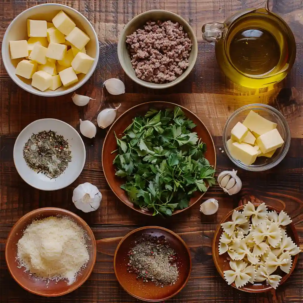 Ingredients for garlic butter bowtie pasta with beef on a rustic wooden table