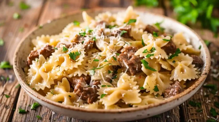 Garlic butter bowtie pasta with beef served in a rustic bowl
