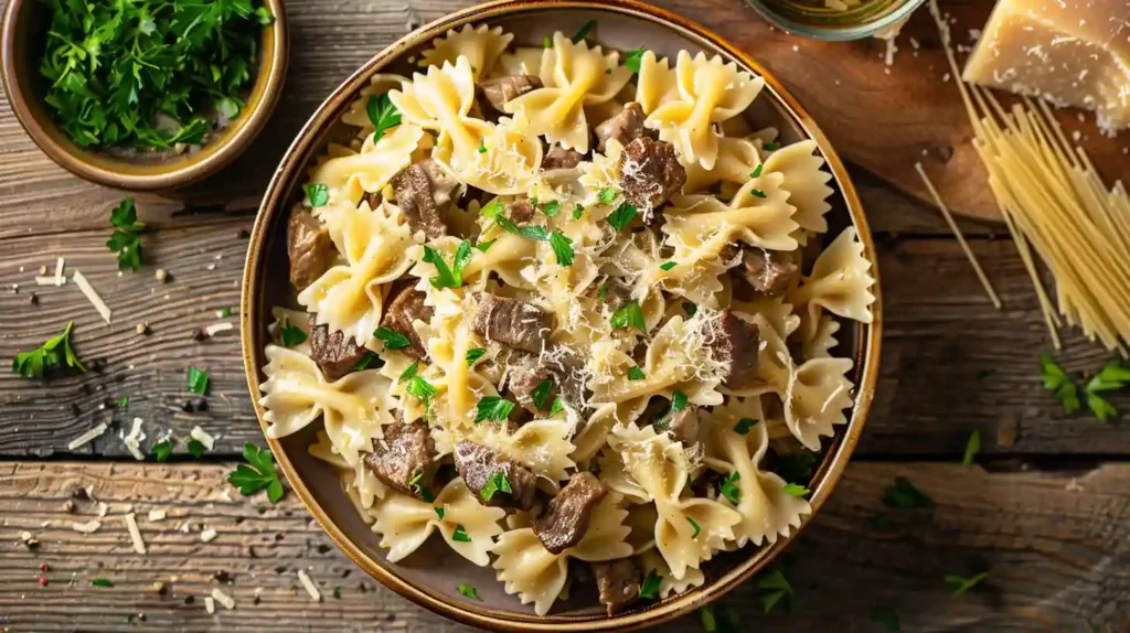 Garlic butter bowtie pasta with beef served in a rustic bowl