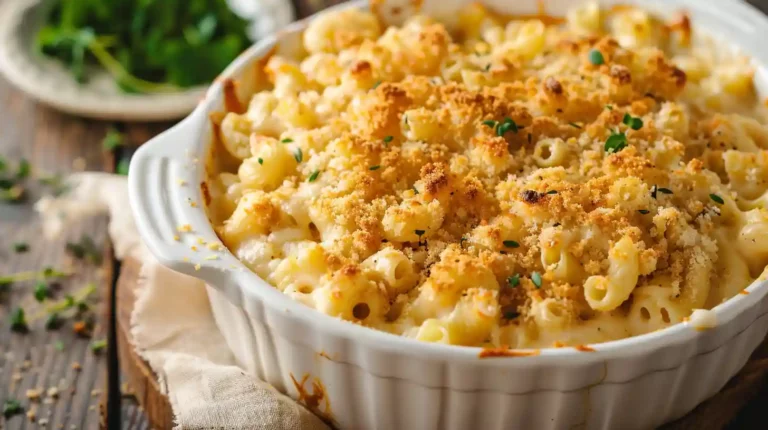 Crispy and creamy gourmet baked mac and cheese in a white casserole dish