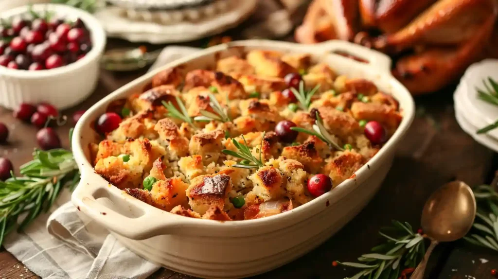 Grandma&rsquo;s Thanksgiving stuffing with golden-brown baked bread cubes