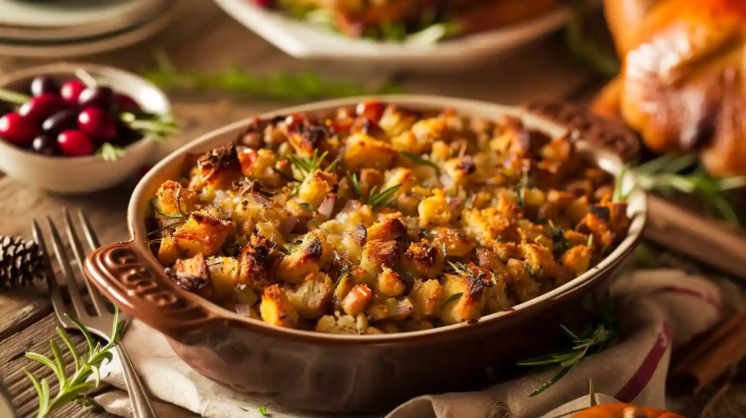 Grandma’s Thanksgiving stuffing with golden-brown baked bread cubes