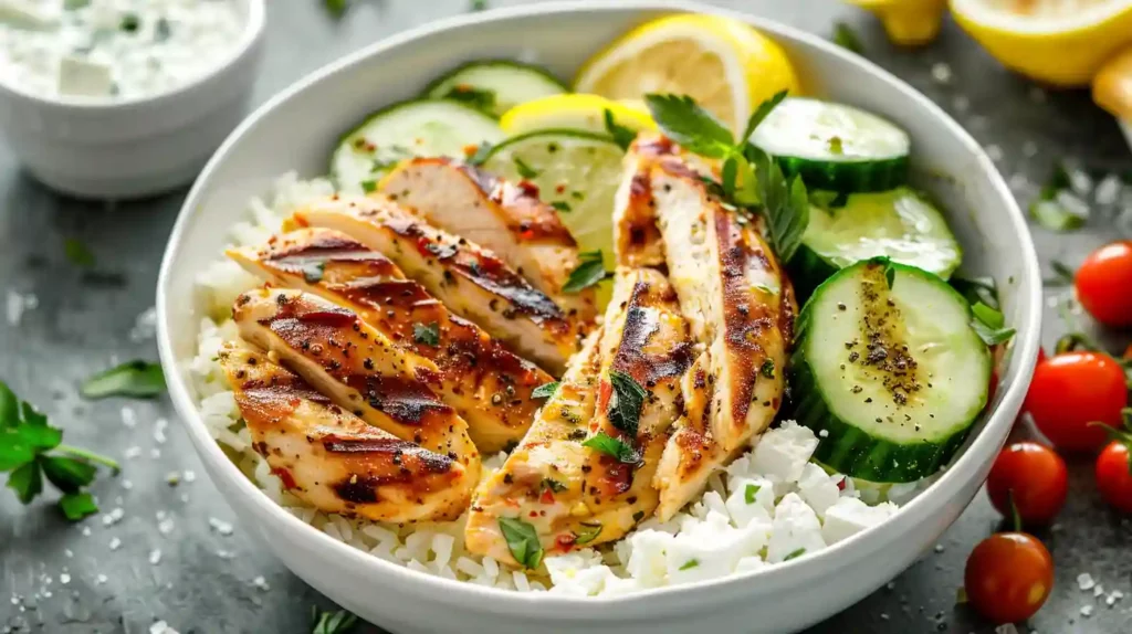 Greek chicken bowls with grilled chicken, cucumber, feta, and lemon