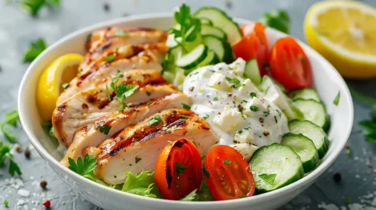 Grilled Greek chicken bowls with creamy tzatziki, tomatoes, and cucumbers