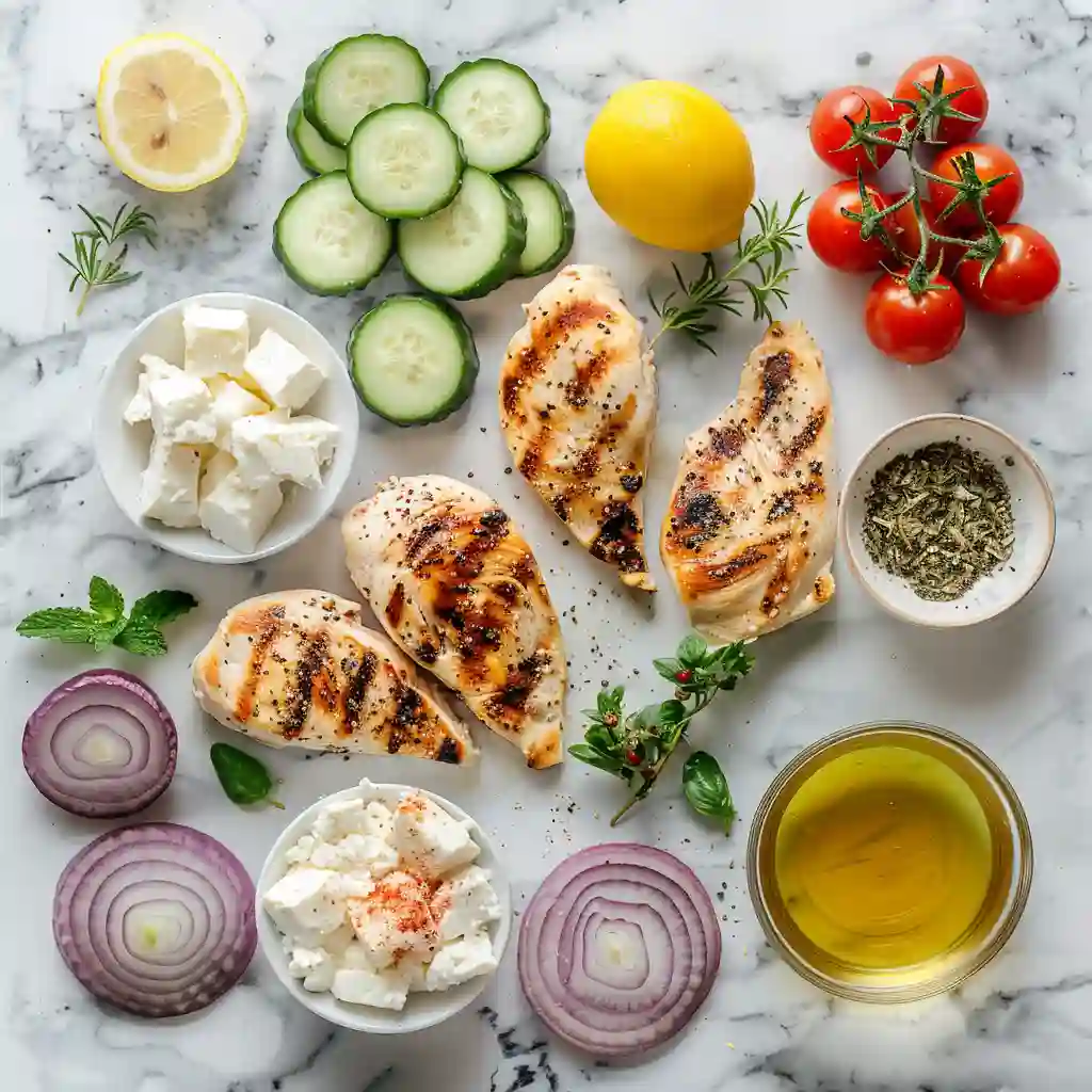 Ingredients for Greek chicken bowls including grilled chicken, feta, cucumber, and tomatoes