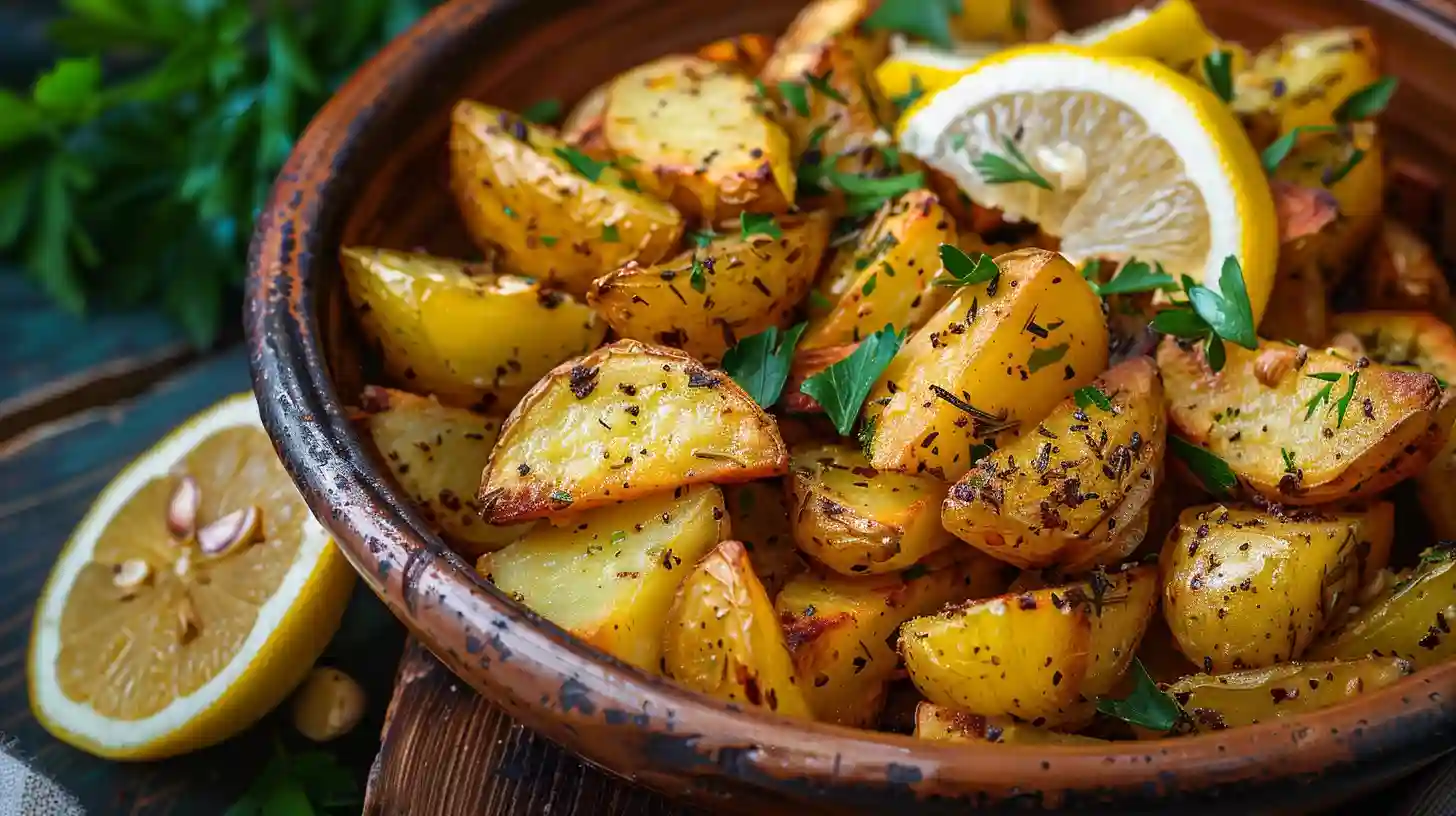 Bowl of Greek-Style Lemon Potatoes with Garlic & Oregano