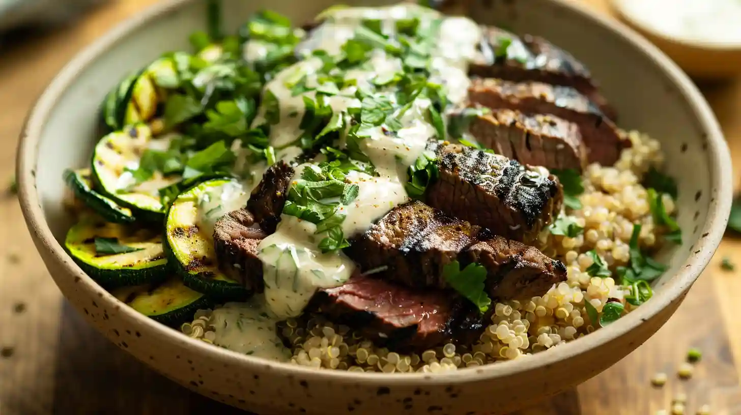 Grilled steak bowl with creamy sauce and grilled zucchini over quinoa.