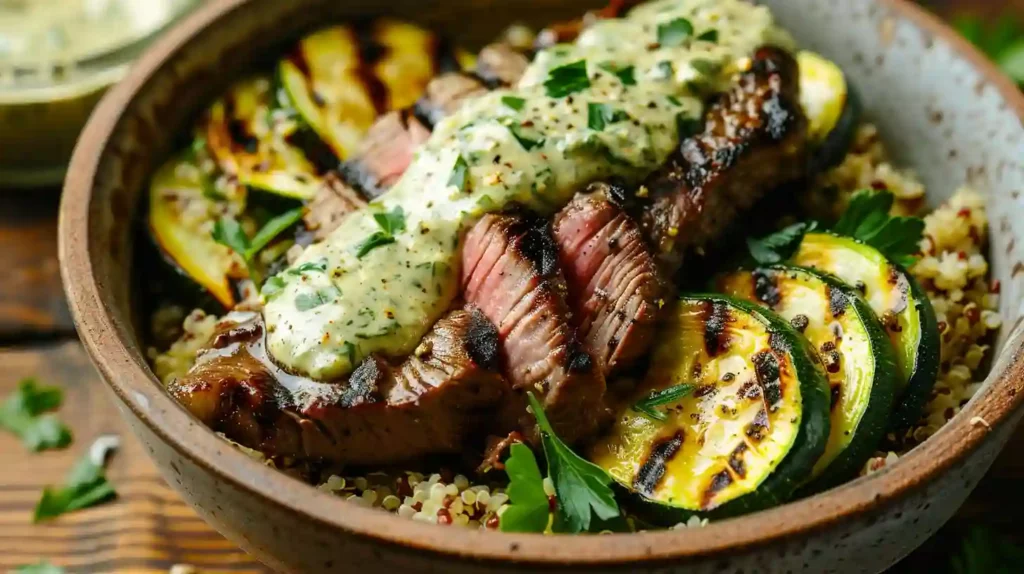 Grilled steak bowl with creamy sauce and grilled zucchini garnished with fresh herbs.