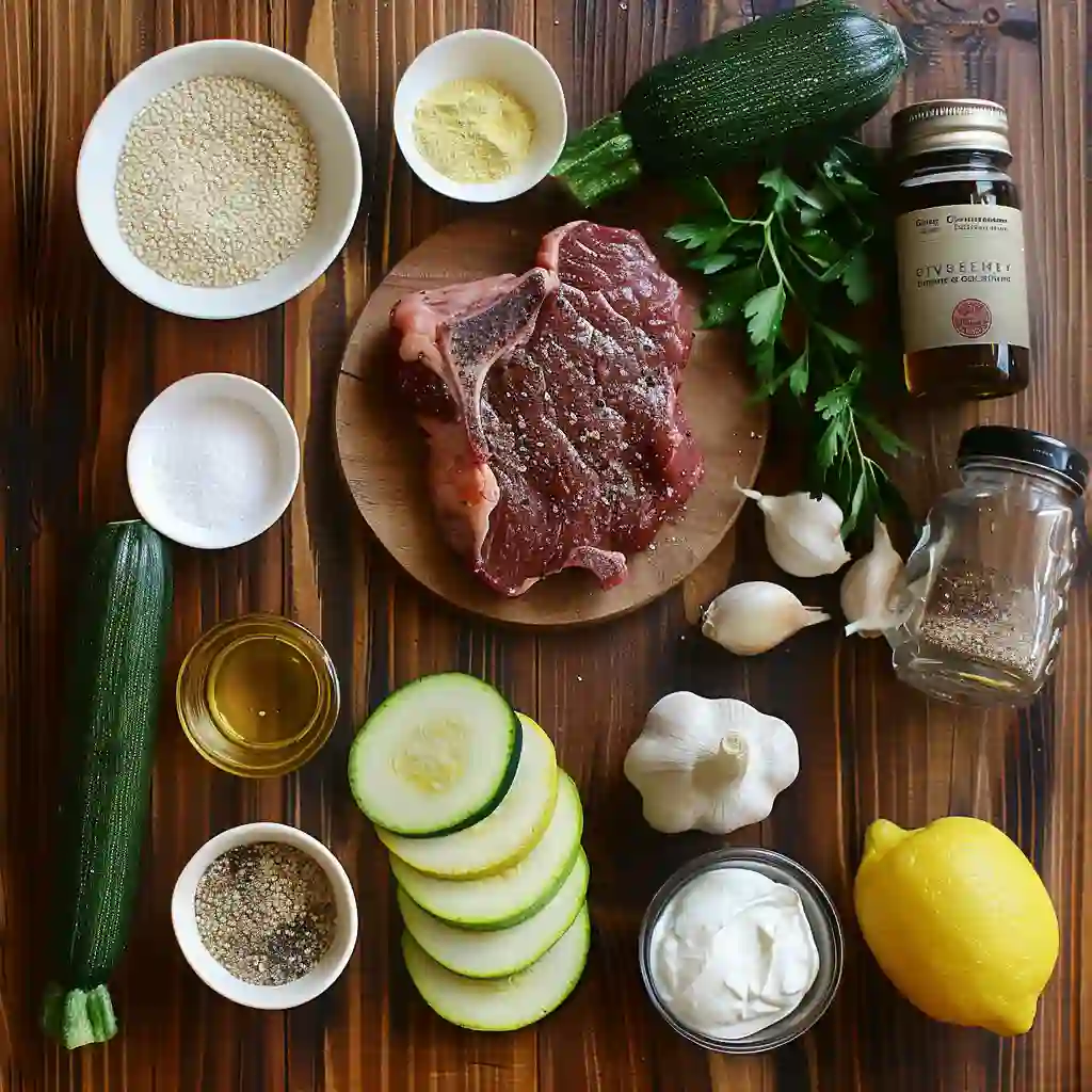 Ingredients for grilled steak bowl with creamy sauce and grilled zucchini on wooden table.