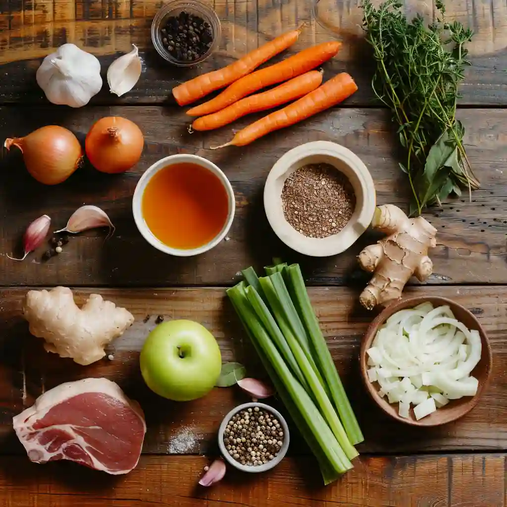 Ingredients for Gut Healing Bone Broth Recipe on wooden table