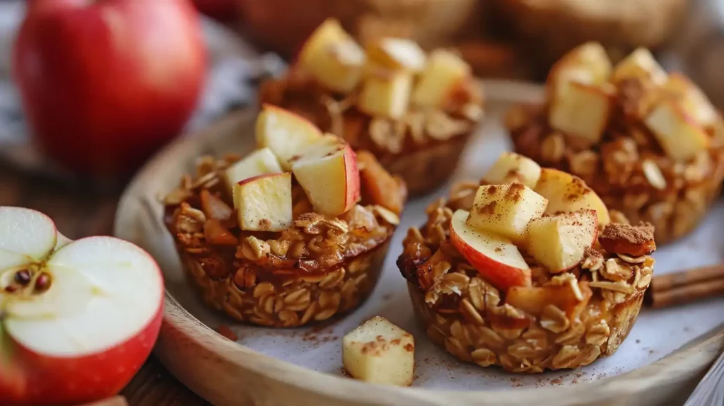 Healthy baked apple cinnamon oatmeal cups served on a wooden plate