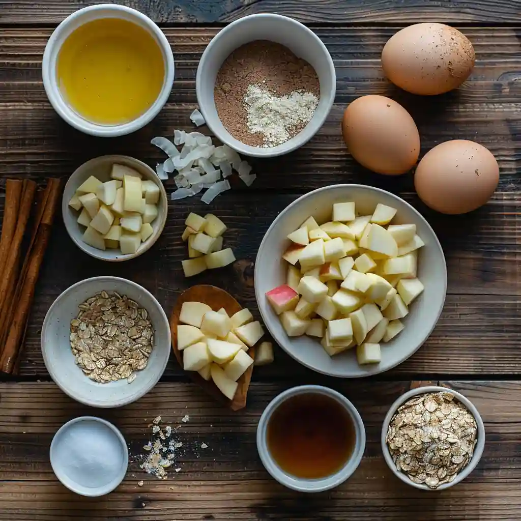 Ingredients for healthy baked apple cinnamon oatmeal cups on a wooden table