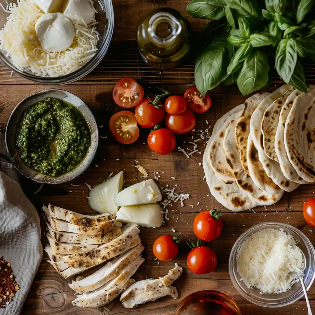 Ingredients for healthy dinner pesto chicken flatbread arranged on wooden surface