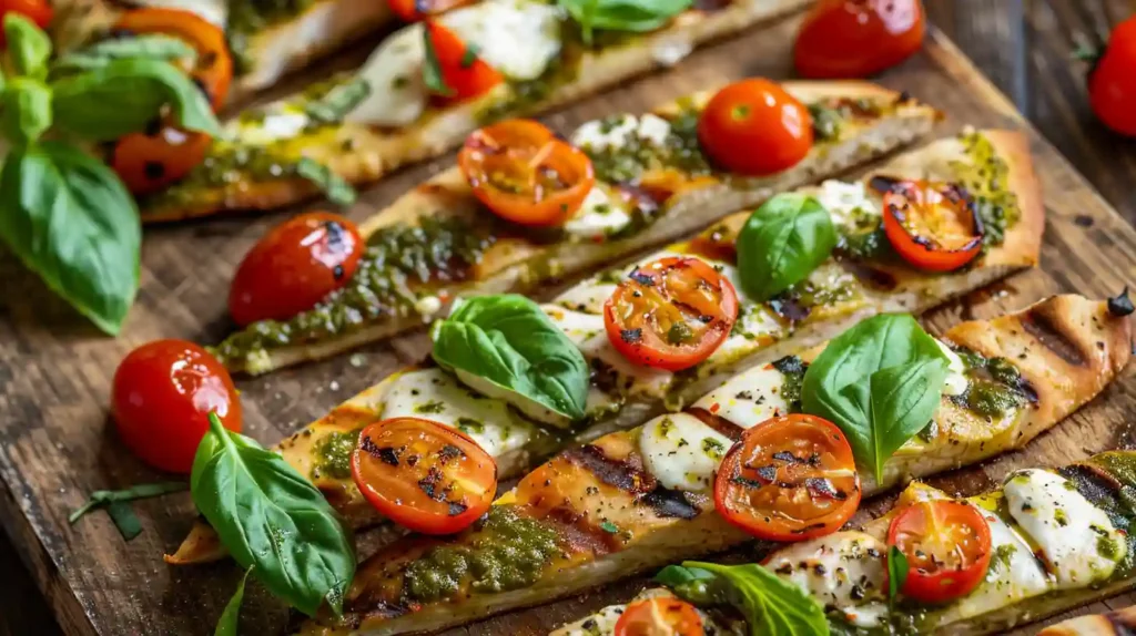 Sliced healthy dinner pesto chicken flatbread with tomatoes and basil