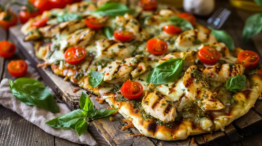 Healthy dinner pesto chicken flatbread served on wooden board