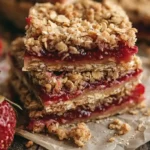 Healthy strawberry oatmeal bars closeup with juicy berry filling and oat crumble